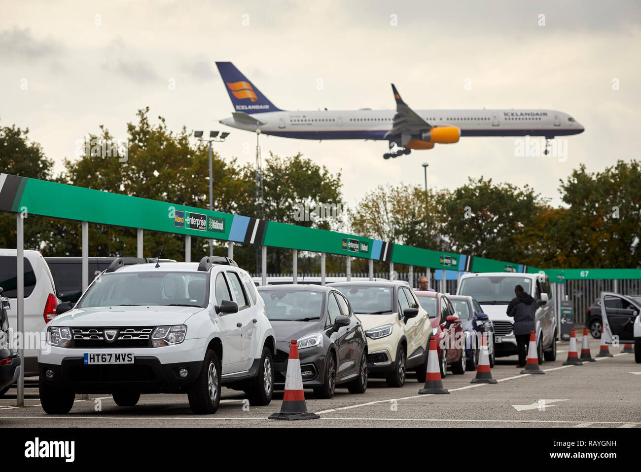 car hire company Alamo, Enterprise, National car rental village at Manchester Airport Stock Photo