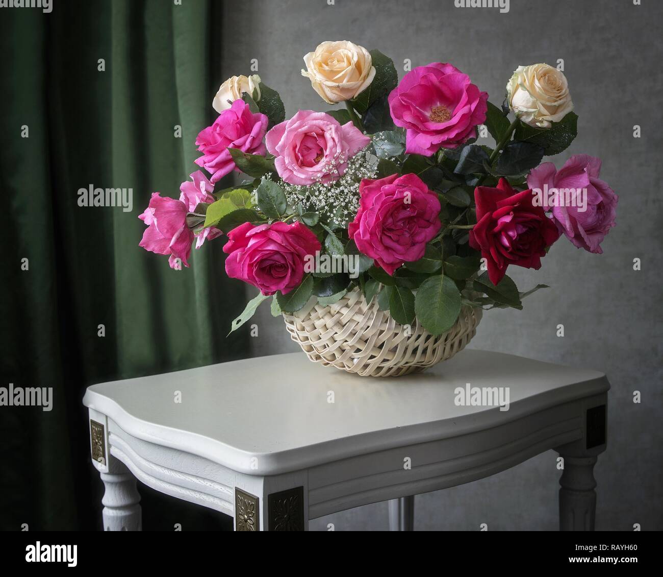 Still life with magnificent bouquet of garden roses Stock Photo - Alamy