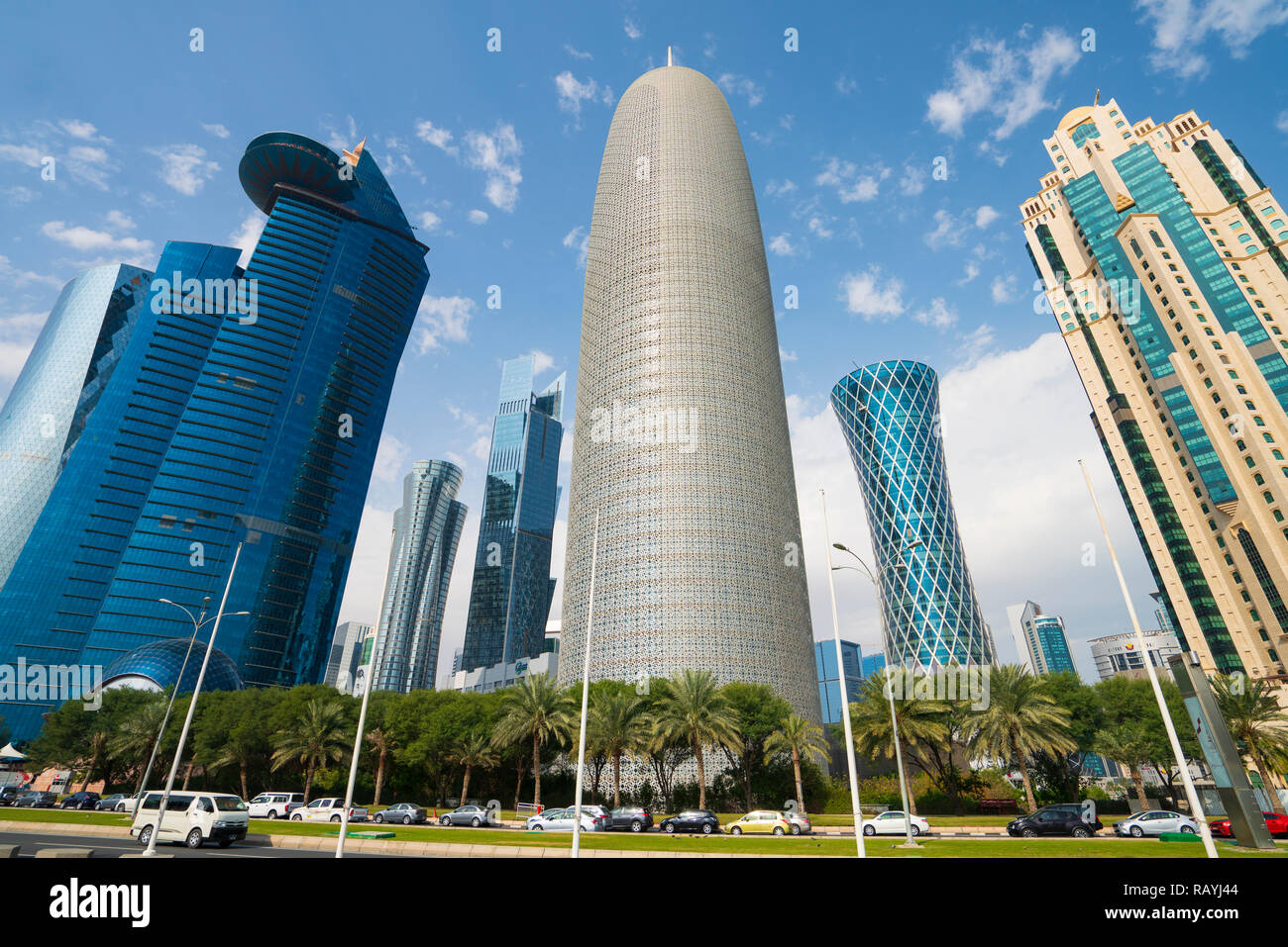 Daytime Skyline view of West Bay business district in Doha, Qatar Stock Photo