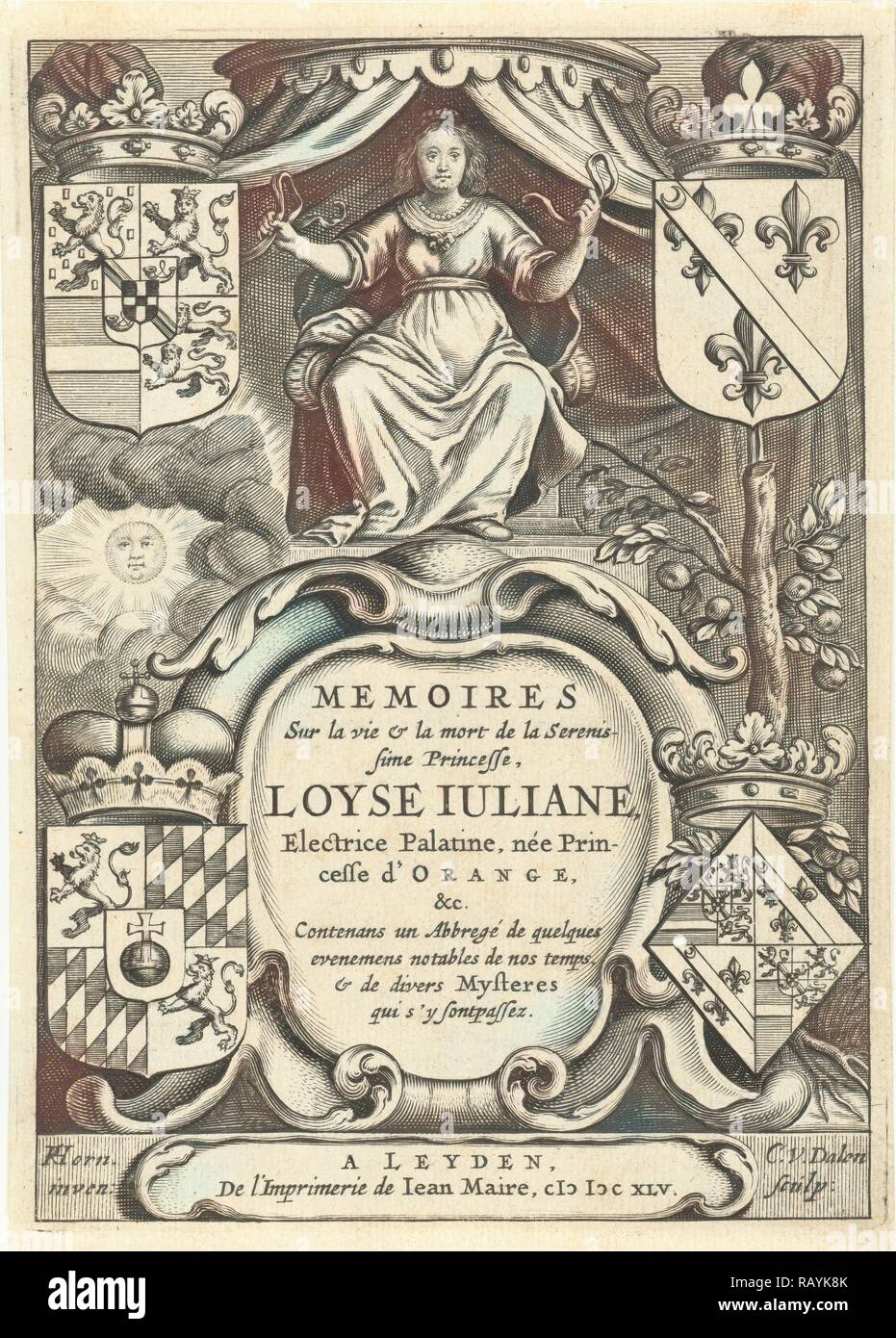 Louise Juliana of Orange-Nassau enthroned under canopy, print maker: Cornelis van Dalen I, Horn, Joannes Maire, 1645 reimagined Stock Photo