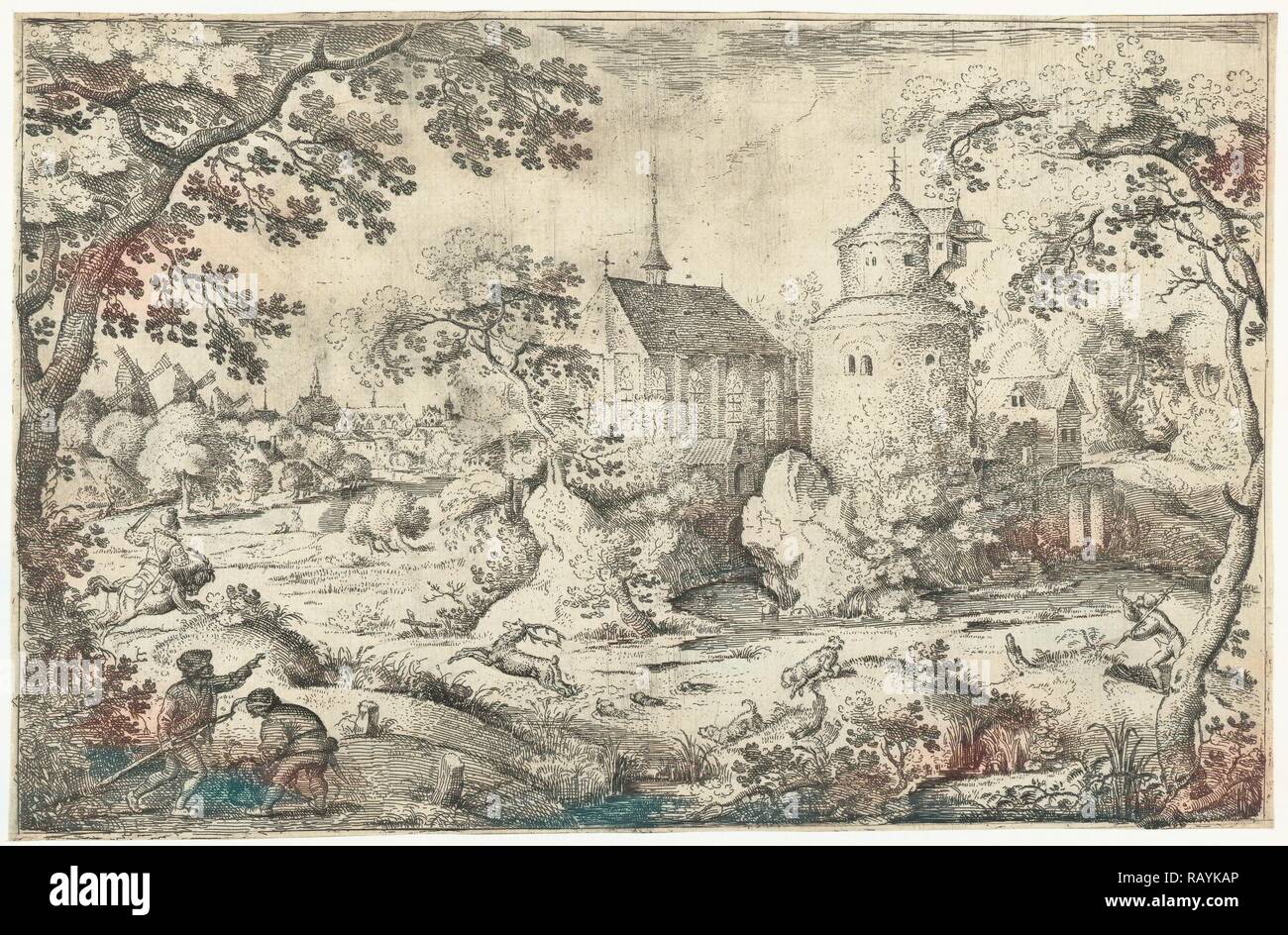 Deer Hunting near a chapel, Jacob Savery (I), 1602. Reimagined by Gibon. Classic art with a modern twist reimagined Stock Photo