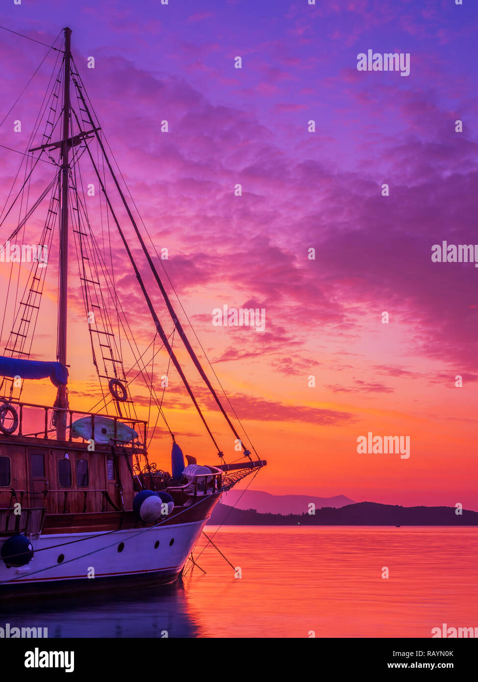 Sailboat At Sunrise On The Bay Of Nidri In Lefkas Island Greece Stock
