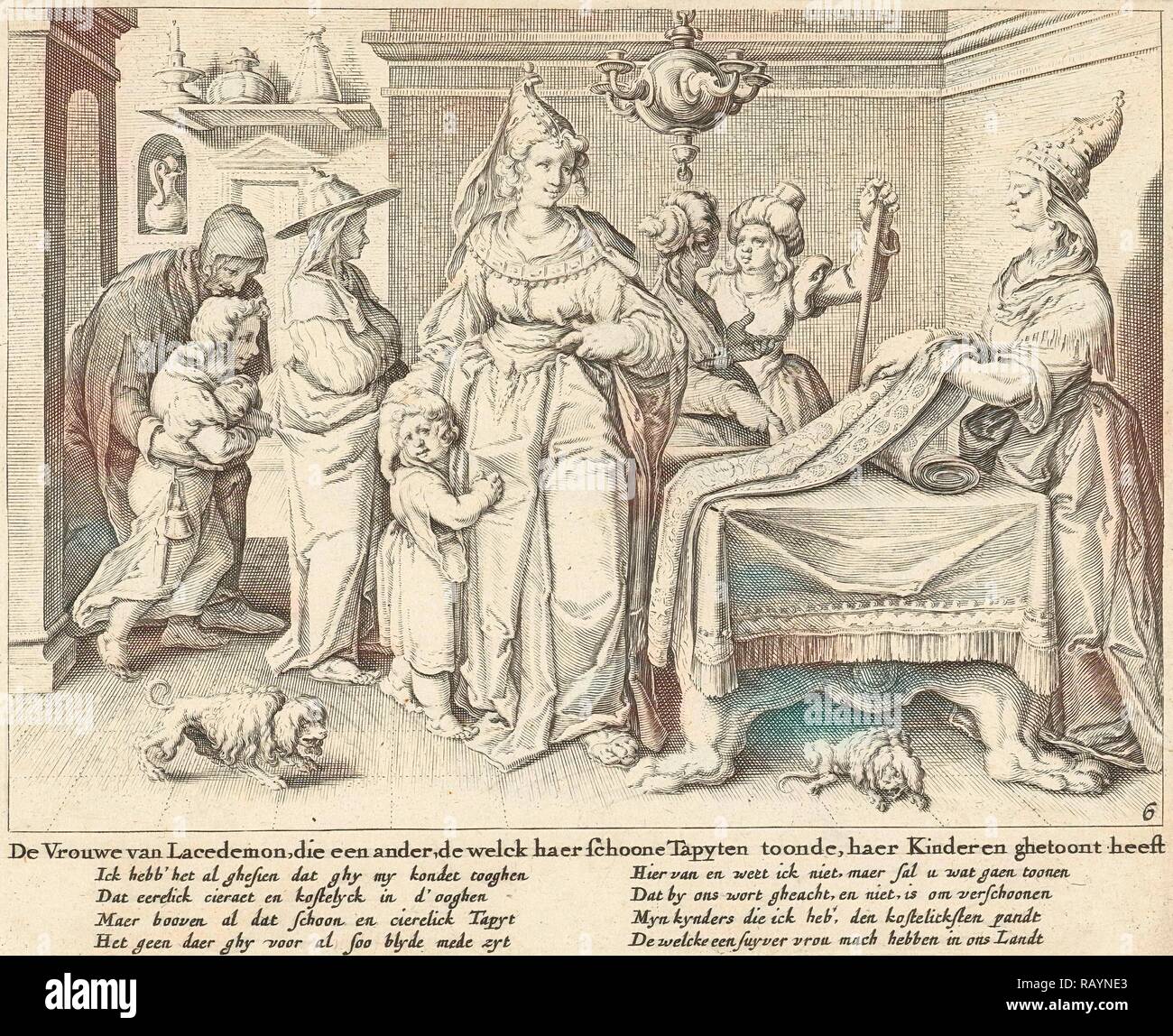 A woman from Lacedemon shows her children to a carpet weaver Zacharias Dolendo, Jacob de Gheyn II, Claes Jansz reimagined Stock Photo