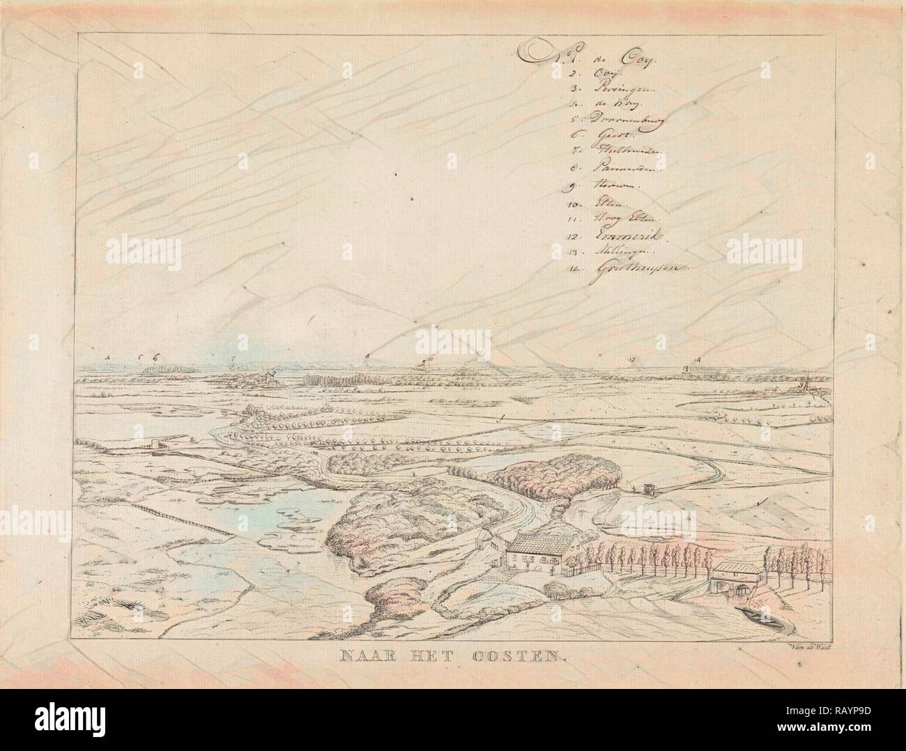 View of the landscape east of Nijmegen, with floodplains, in the distance is Ooij, on the horizon are the church reimagined Stock Photo