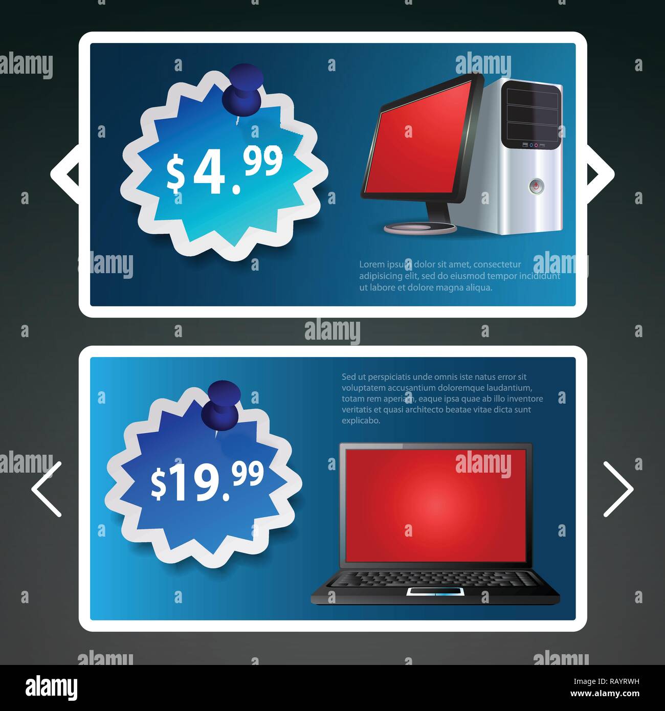 Desktop Computers, Notebooks and PC Parts Product Selling Web Design Creative Template Set for Advertisement Vector Stock Vector