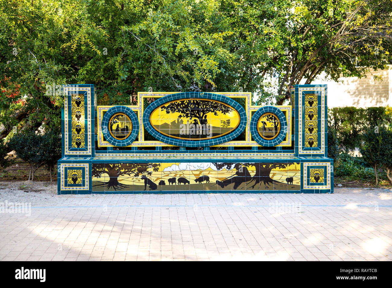 Ornate, tiled bench in Ribalta Park in Castellon de la Plana, Spain Stock Photo