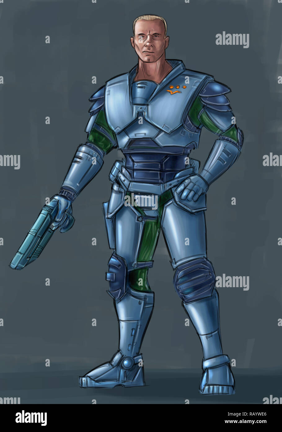 Concept Art Science Fiction Illustration of Futuristic Soldier Character in Armor With Gun Stock Photo