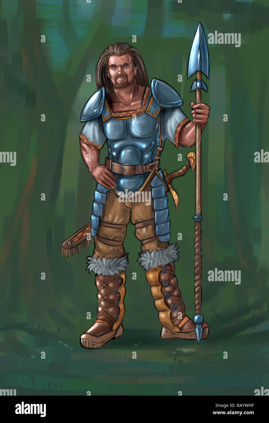 Concept Art Fantasy Illustration of Warrior Hunter With Spear Stock Photo