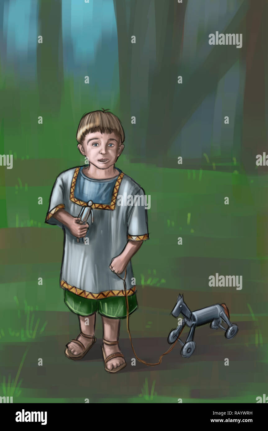 Concept Art Fantasy Illustration of Small Boy With Wooden Toy Horse Stock Photo