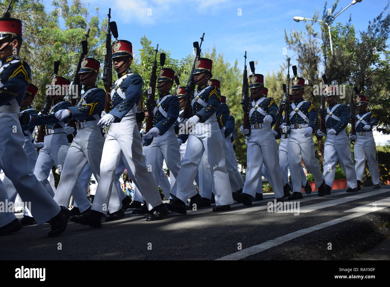 Cadets of the Philippine Military Academy (PMA) performing marching during the celebration of countries independence day in Baguio City Philippines Stock Photo