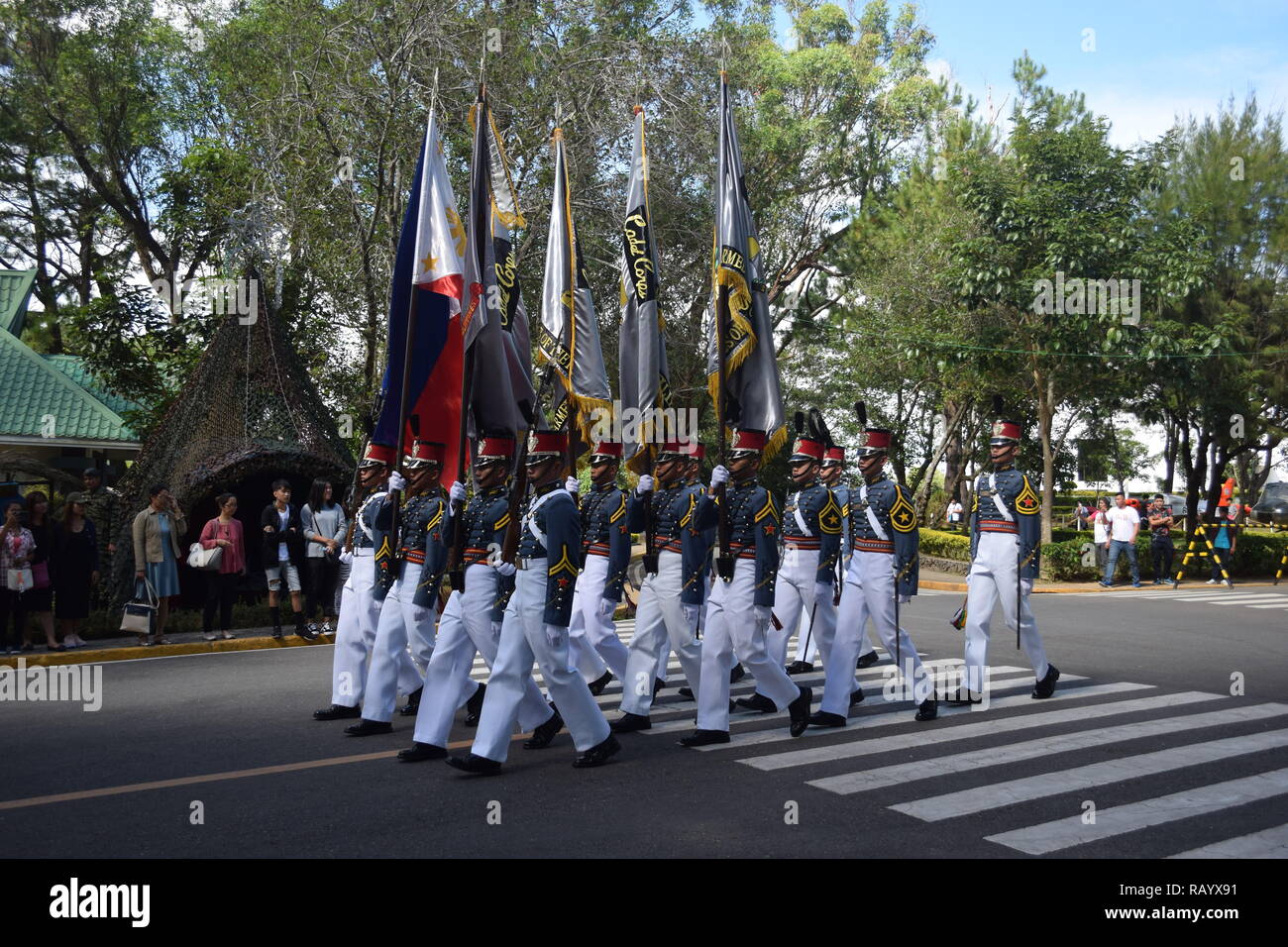 Cadets of the Philippine Military Academy (PMA) performing marching during the celebration of countries independence day in Baguio City Philippines Stock Photo