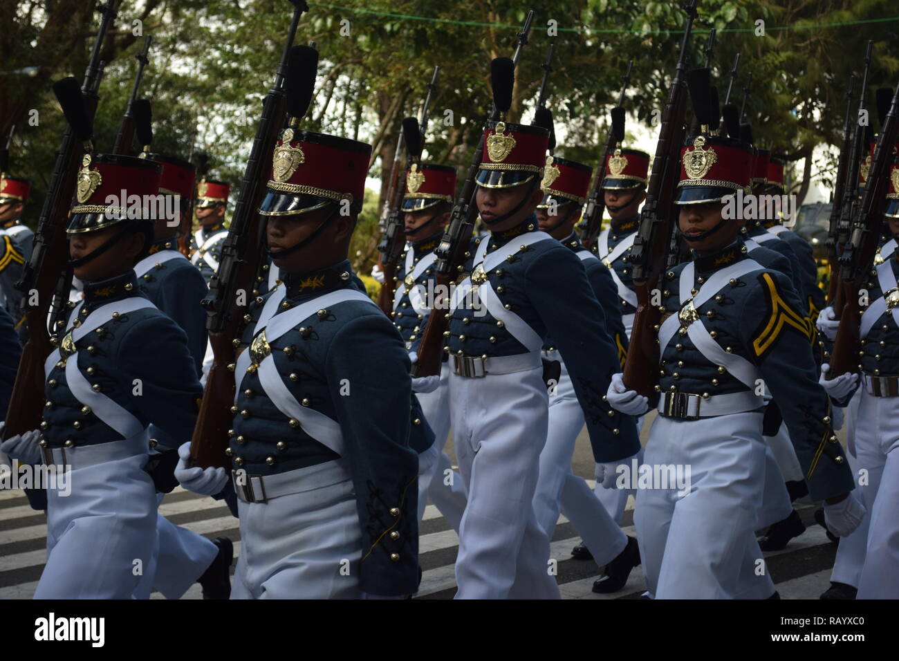 Cadets of the Philippine Military Academy (PMA) performing marching during the celebration of countries independence day in Baguio City Philippines Stock Photo