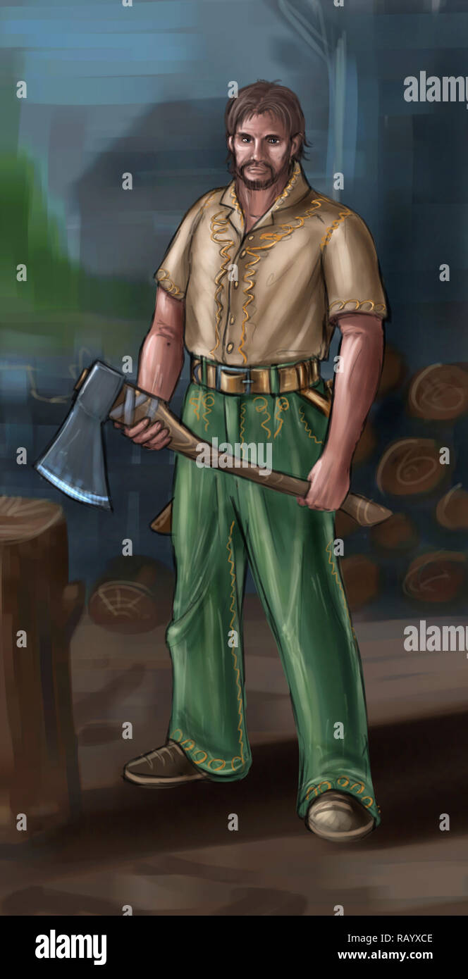 Concept Art Fantasy Illustration of Lumberjack or Villager, Countryman