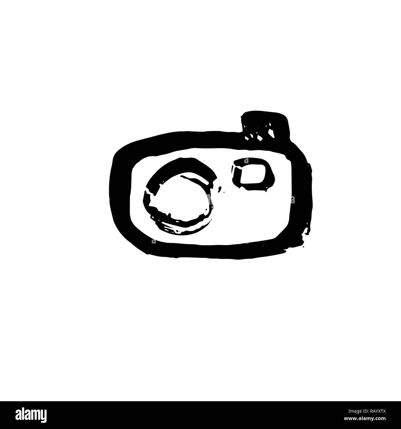 Camera grunge icon. Vector photocamera dry brush illustration. Stock Vector