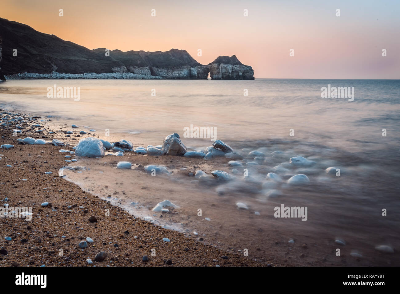Thornwick Bay, Flamborough, Yorkshire at sunset - captured with an ND filter Stock Photo