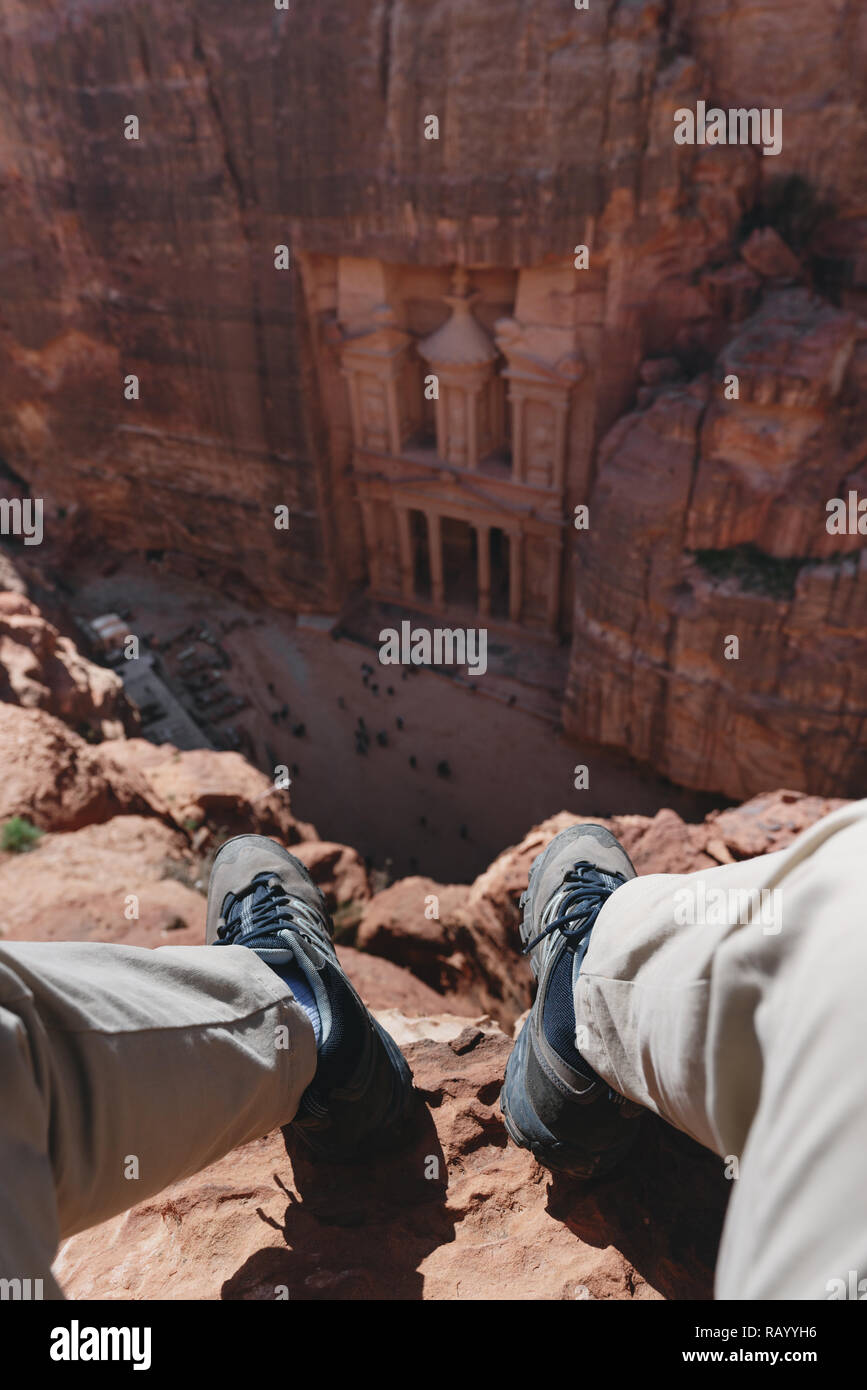 a man travelling at Petra, Jordan. Tourist attraction and travel destination in Jordan, Middle east Stock Photo