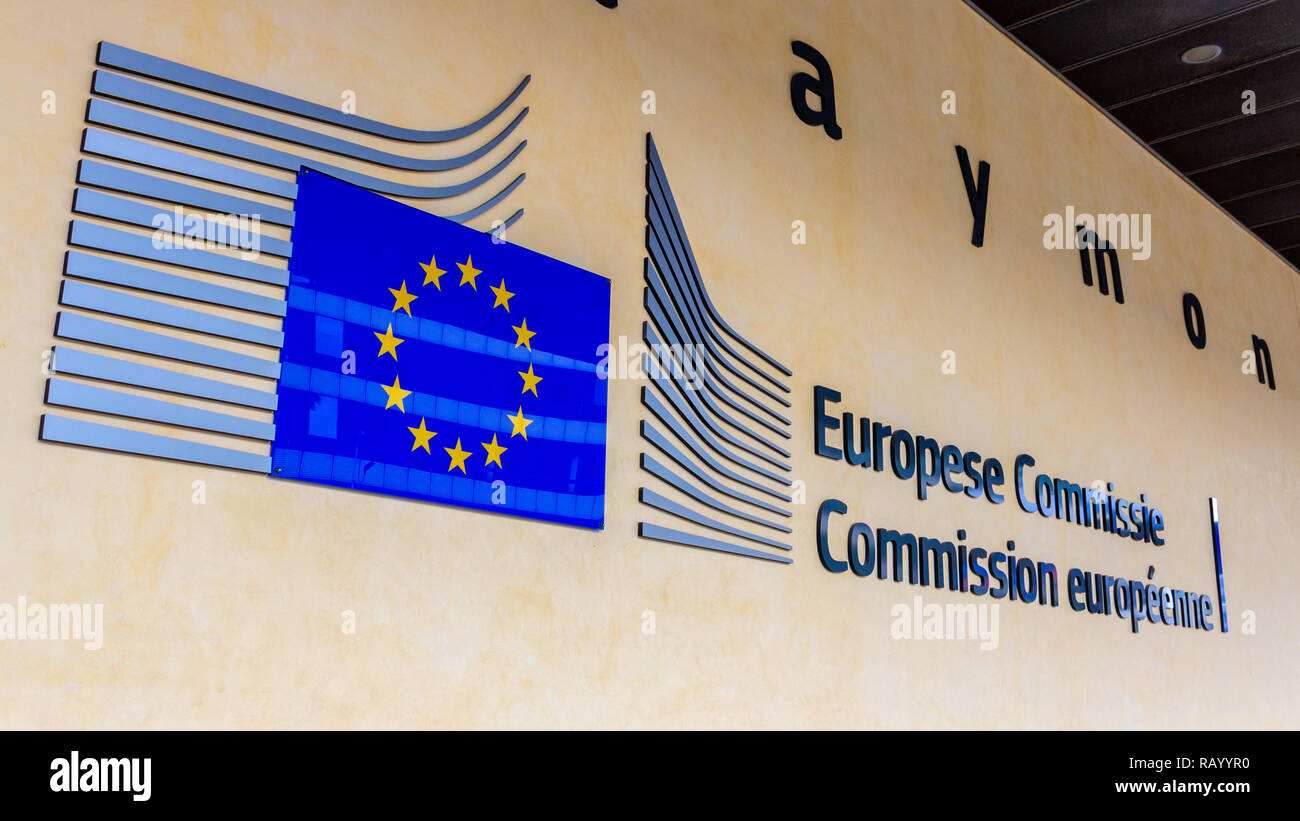 BRUSSELS, BELGIUM - JUL 30, 2014: EU sign at the entrance of the Berlaymont building in Brussels. The Berlaymont is an office building and it is the h Stock Photo