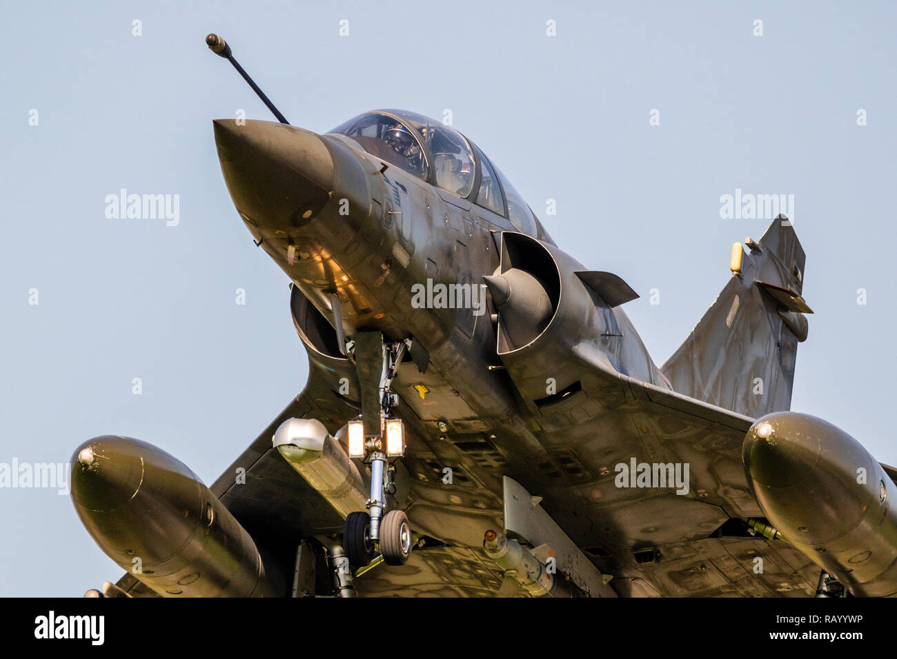 Close up view of a modern military armed fighter jet plane taking off ...