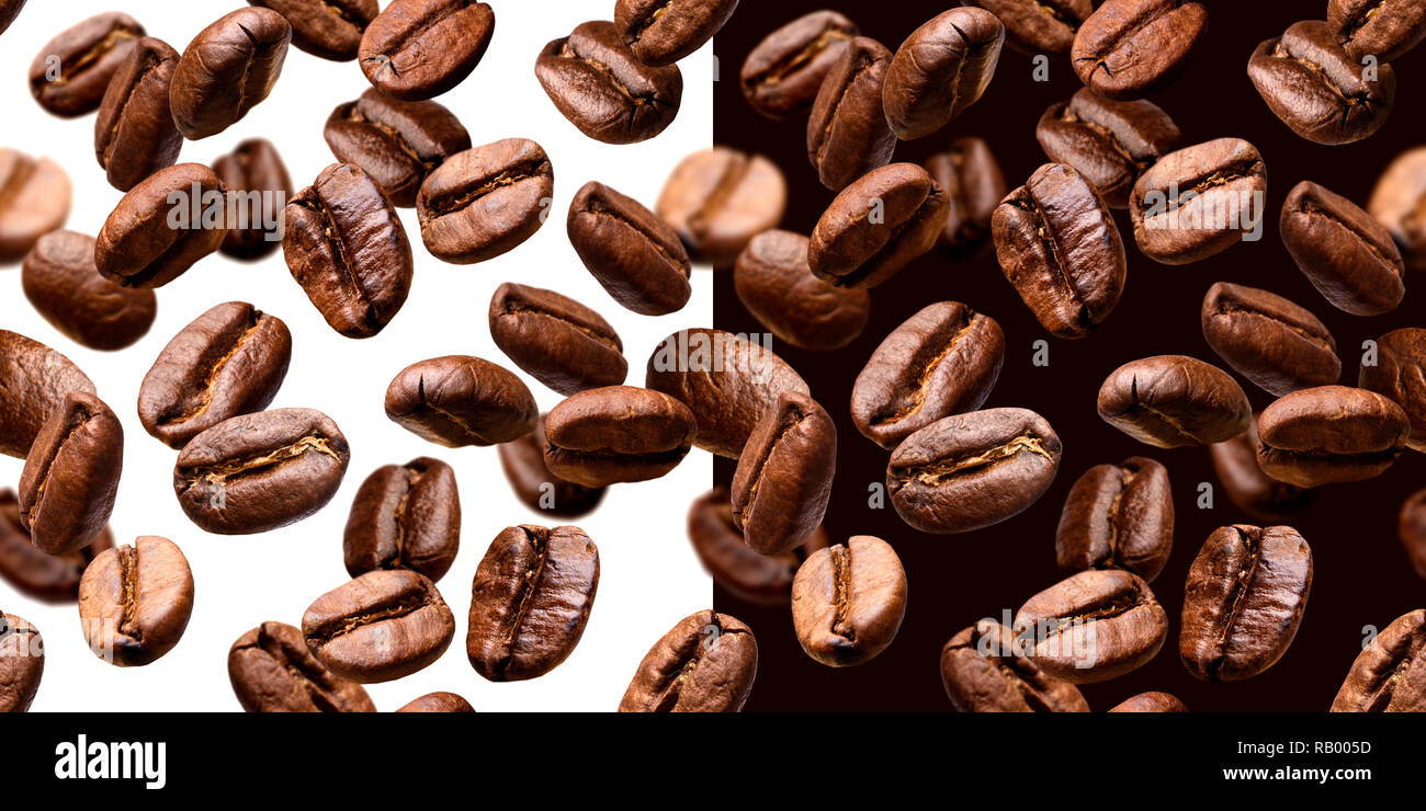 Falling coffee beans seamless pattern, isolated on white and black background with clipping path Stock Photo