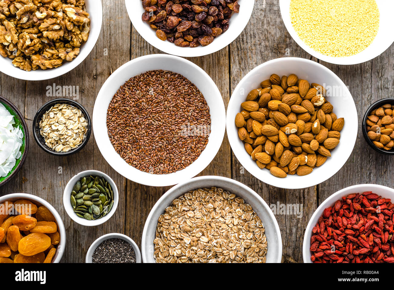 Ingredients of breakfast, healthy superfood on table, food selection