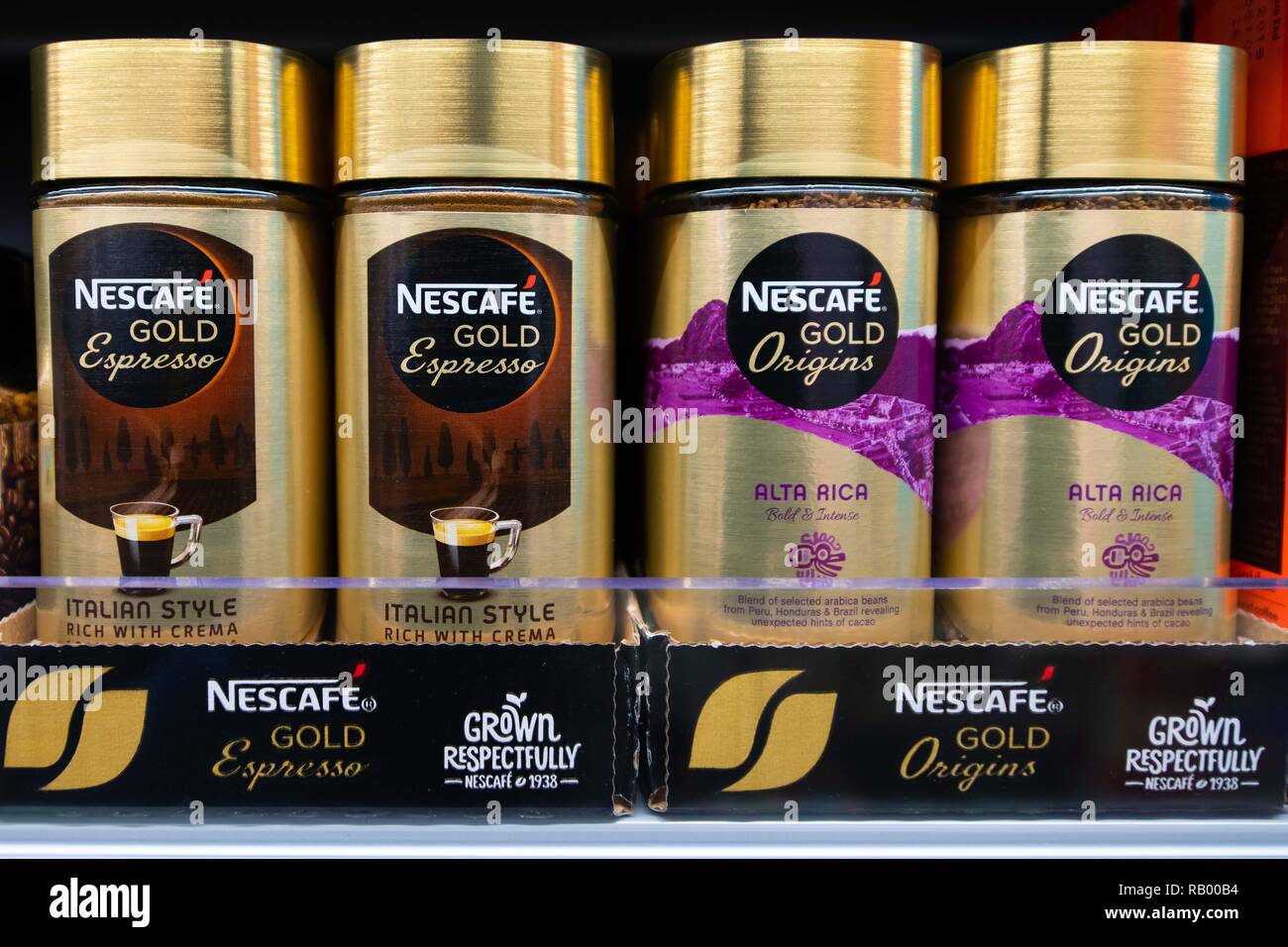 Jars of Nescafe Gold instant coffee on sale in a supermarket shop in the UK. Stock Photo