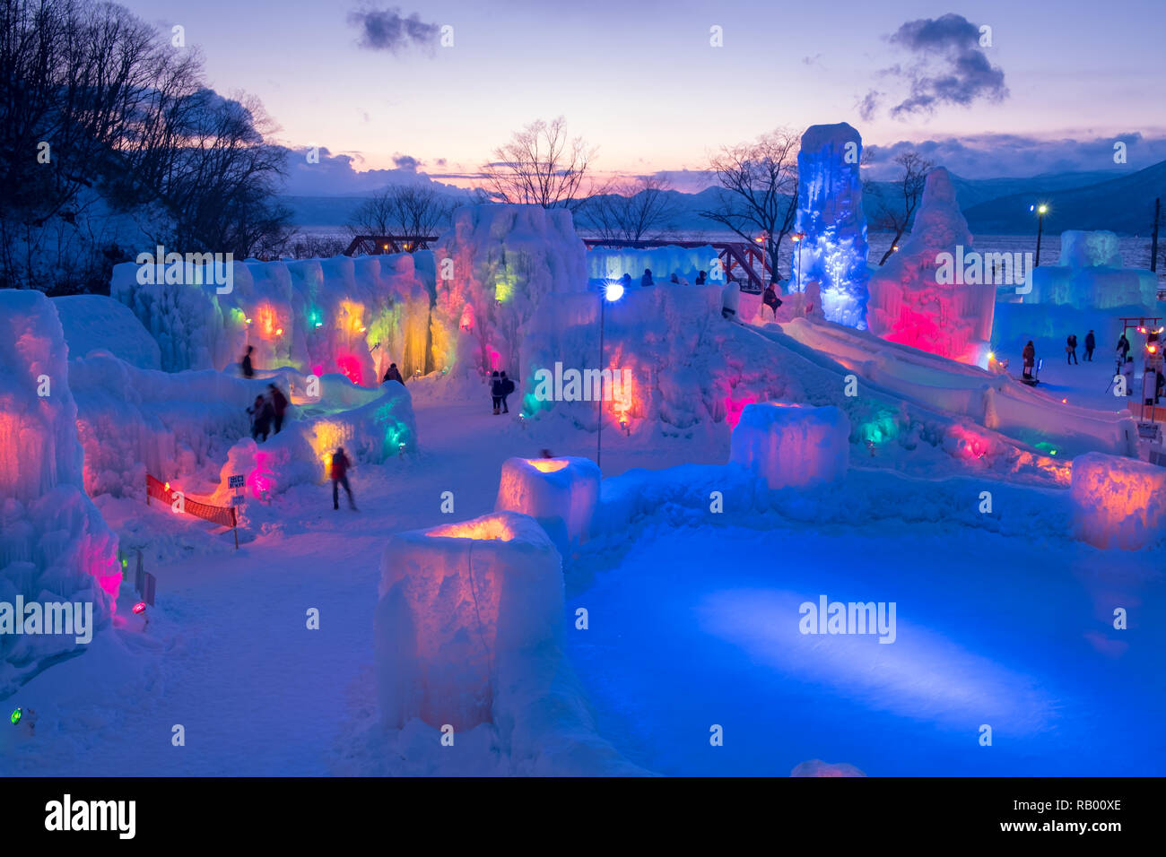 Lake Shikotsu Ice Festival,an ice sculpture event held in Lake Shikotsu hot springs in Shikotsu-Toya NP with lights illuminating ice sculptures Stock Photo