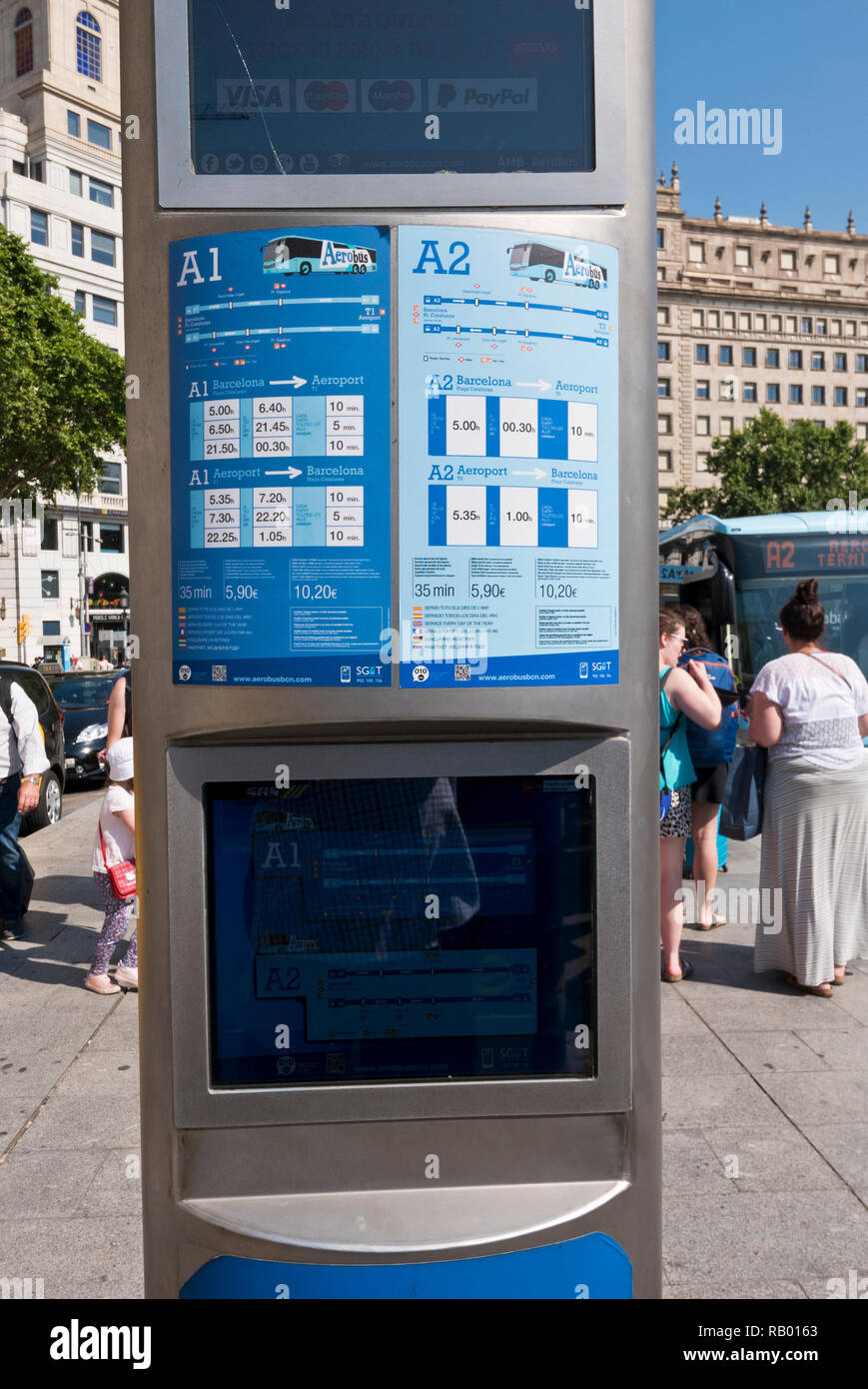 An automatic bus ticket machine at the Placa Catalunya, Barcelona, Spain Stock Photo