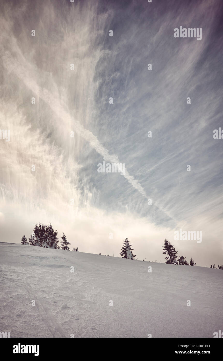 Winter mountain scenery, color toning applied. Stock Photo
