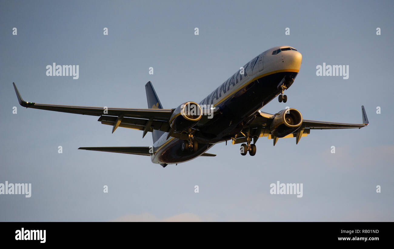 Irish low cost airline - RyanAir seen landing at Glasgow International Airport, UK. Stock Photo