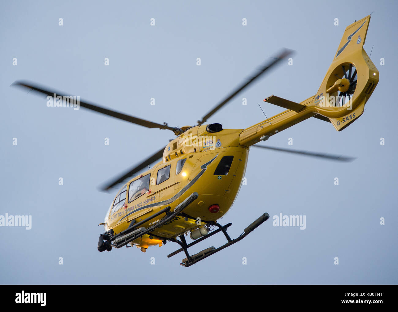 The Scottish Air Ambulance service provides essential life saving services to the National Health Service. Glasgow International Airport, UK. Stock Photo