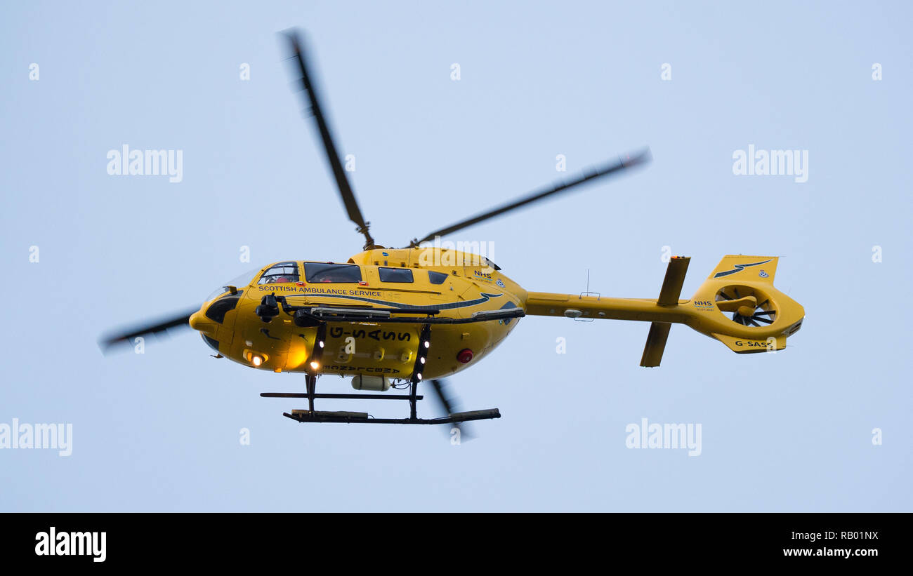 The Scottish Air Ambulance service provides essential life saving services to the National Health Service. Glasgow International Airport, UK. Stock Photo