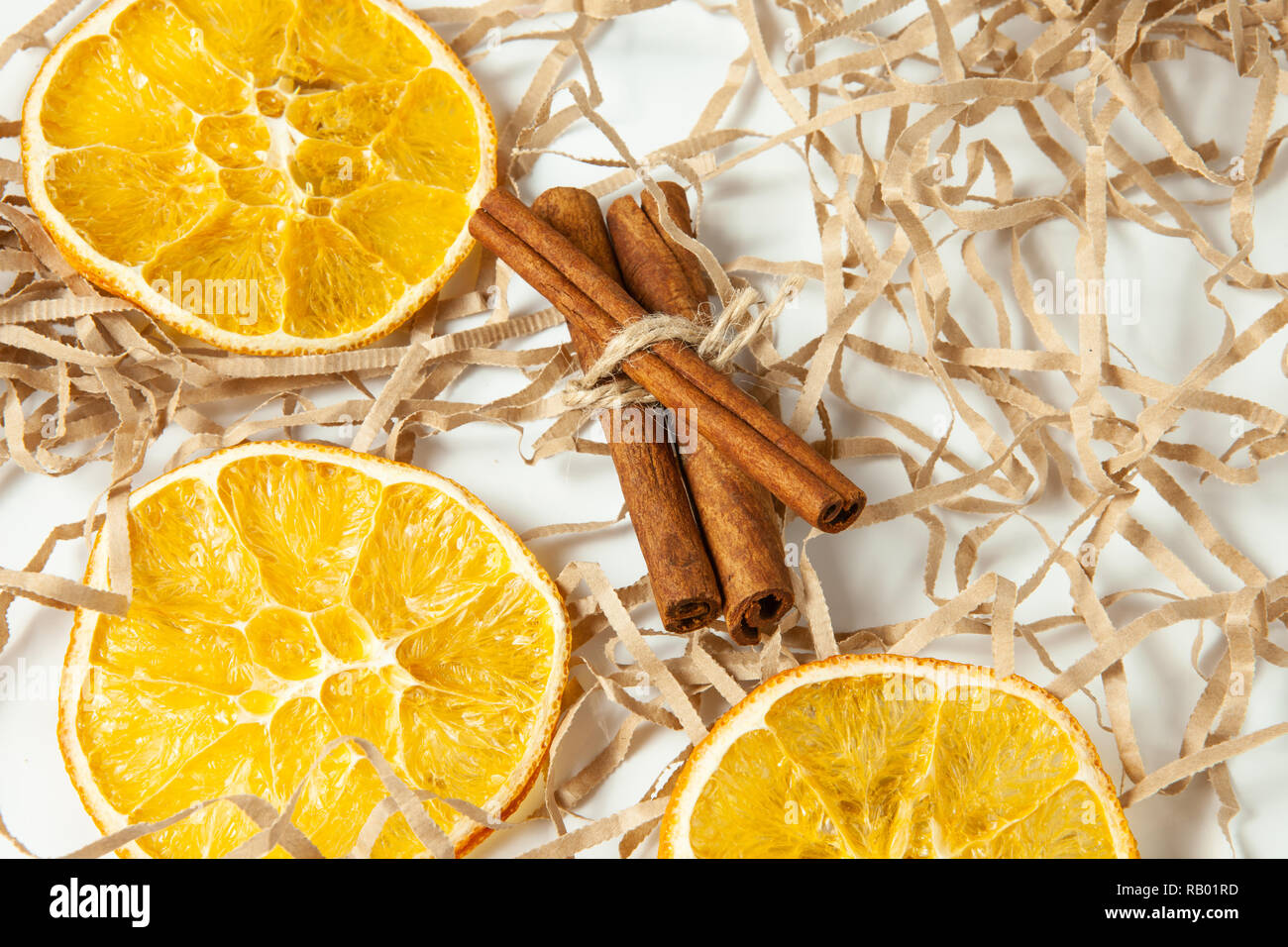 Top view, orange slice and cinnamon sticks Stock Photo