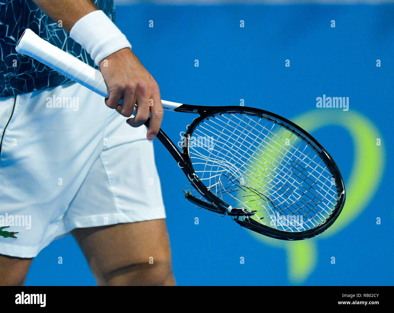 Beijing, Qatar. 4th Jan, 2019. Novak Djokovic of Serbia bolds his racquet  which he smashed during his semi-final match against Roberto Bautista Agut  of Spain at the ATP Qatar Open tennis tournament