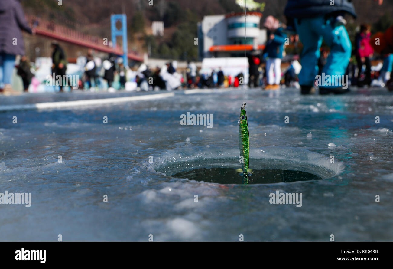 Hwacheon, South Korea. 5th Jan, 2019. A tourist puts a bait into an ice hole to fish for trouts during the Sancheoneo Ice Festival in Hwacheon, South Korea, Jan. 5, 2019. As one of the biggest winter events in South Korea, the annual three-week festival draws people to the frozen Hwacheon river, where organizers drill fishing holes in the ice and release trouts into the river during the festival period. This year the festival lasts from Jan. 5 to Jan. 27. Credit: Wang Jingqiang/Xinhua/Alamy Live News Stock Photo