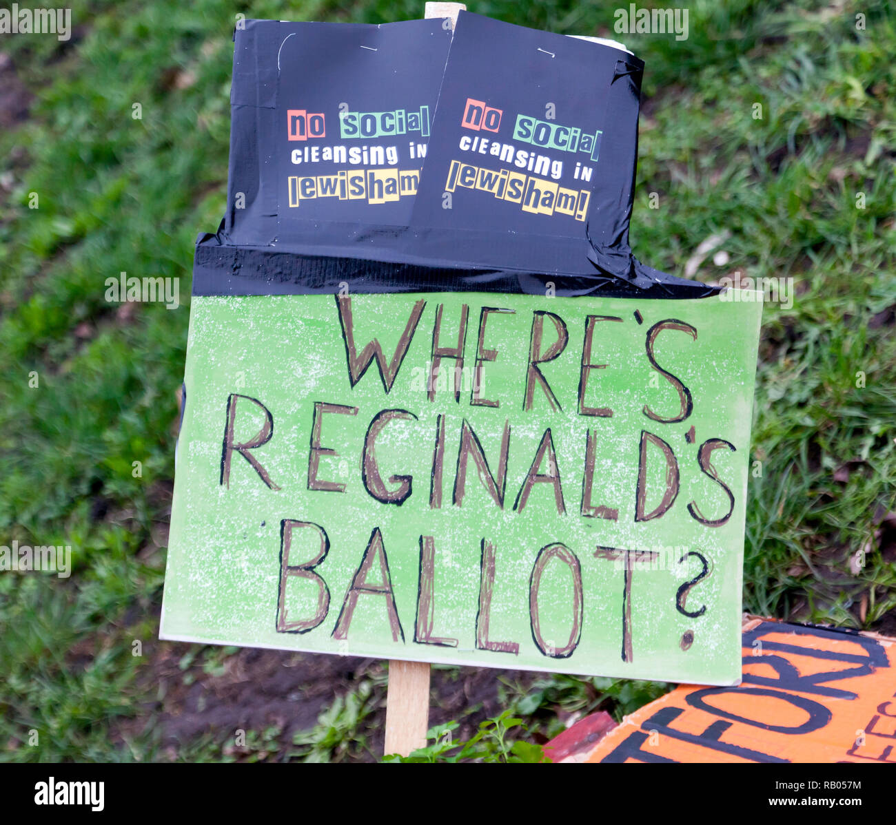 Close-up  image of banners protesting about ther lack of democracy by Lewisham Council,  who plan to destroy Reginald House and Old Tidemill Wildlife Garden, Deptford, Lewisham Stock Photo