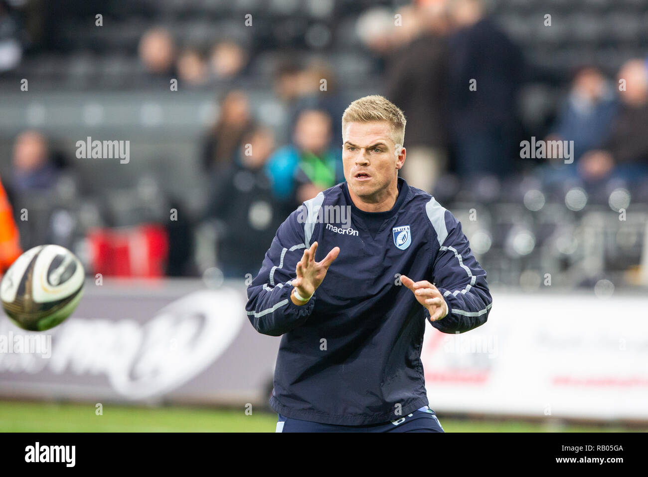Cardiff Blues fly half Gareth Anscombe warms up ahead of the Guinness Pro14 rugby match between Ospreys and Cardiff Blues. Stock Photo