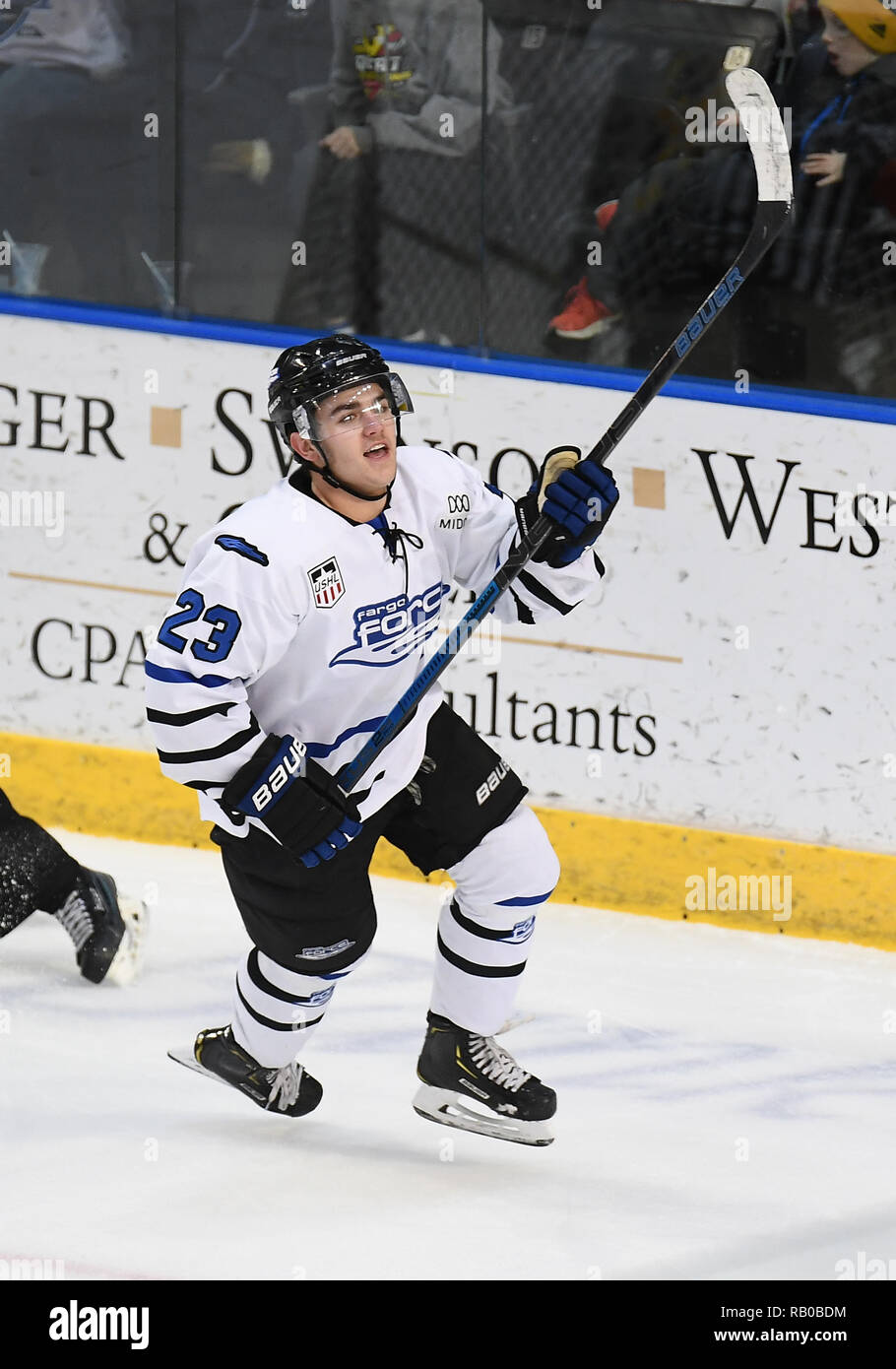 Fargo, ND, USA. 5th Jan, 2019. Fargo Force foward Mason Salquist celebrates scoring a goal during a USHL game between the Green Bay Gamblers and the Fargo Force at Scheels Arena in Fargo, ND. Fargo defeated Green Bay 4-2. Photo by Russell Hons/CSM/Alamy Live News Stock Photo