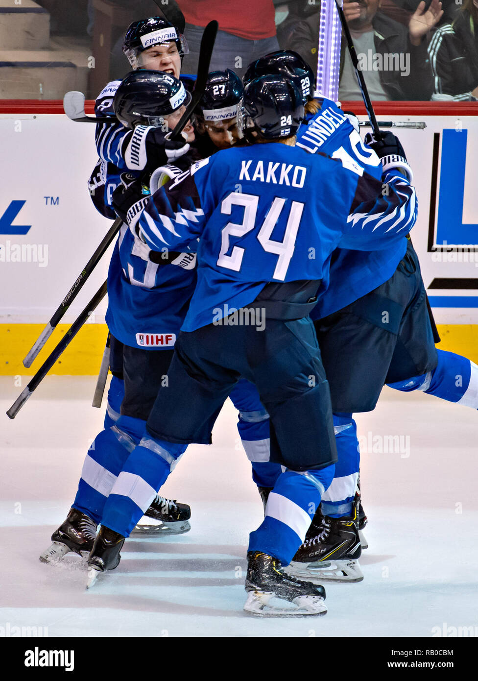 Vancouver. 6th Jan, 2019. Team Finland players celebrate their first goal during a match against USA at the IIHF World Junior Championships in Vancouver, Canada, January, 5, 2019. Credit: Andrew Soong/Xinhua/Alamy Live News Stock Photo