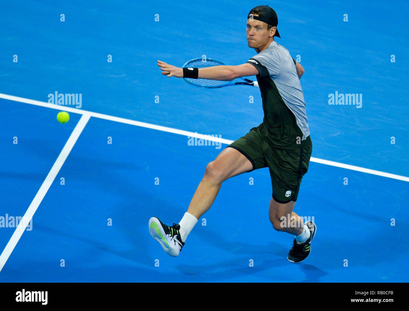 Doha, Qatar. 5th Jan, 2019. (SP)QATAR-DOHA-TENNIS-QATAR OPEN Tomas Berdych  of Czech Republic returns the ball during the final match against Roberto  Bautista Agut of Spain at the ATP Qatar Open tennis tournament