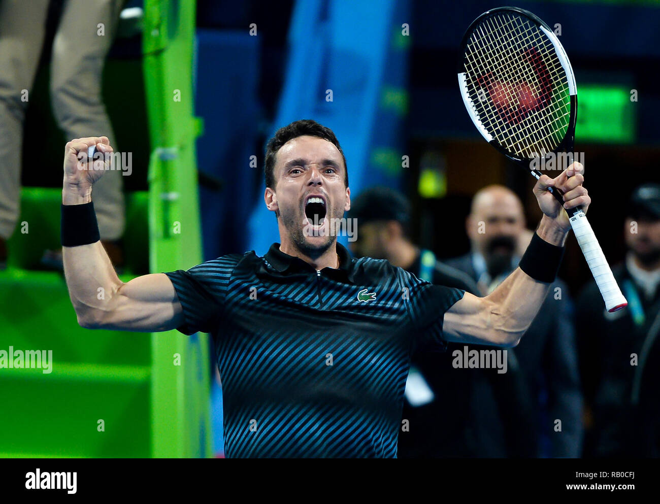 Doha, Qatar. 5th Jan, 2019. (SP)QATAR-DOHA-TENNIS-QATAR OPEN Roberto  Bautista Agut of Spain celebrates after winning the final match against  Tomas Berdych of Czech Republic at the ATP Qatar Open tennis tournament in