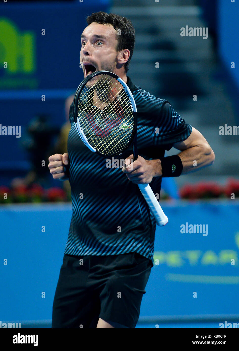 Doha, Qatar. 5th Jan, 2019. (SP)QATAR-DOHA-TENNIS-QATAR OPEN Roberto  Bautista Agut of Spain celebrates after winning the final match against  Tomas Berdych of Czech Republic at the ATP Qatar Open tennis tournament in