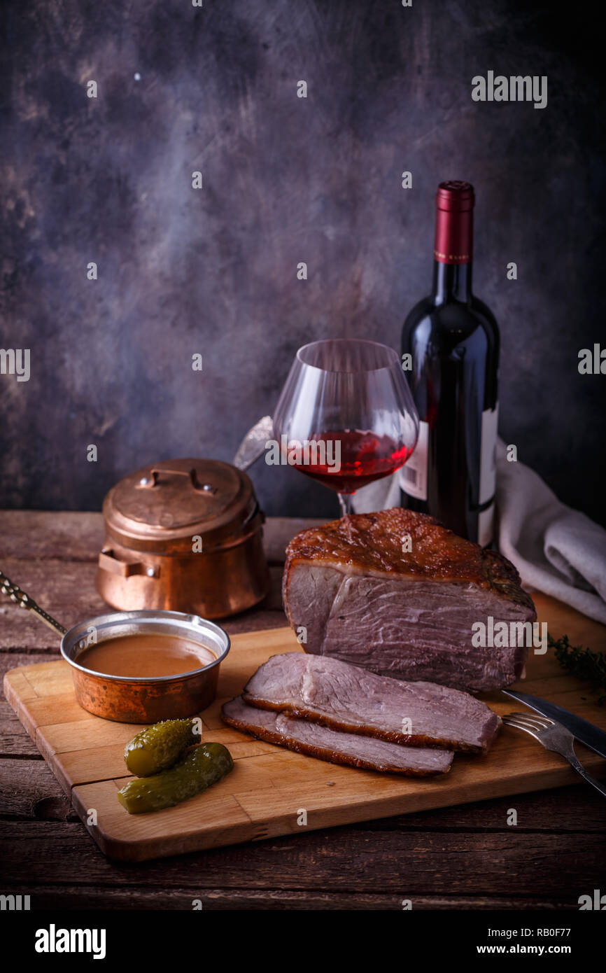 Roast beef with demi glace sauce and red wine, copy space Stock Photo