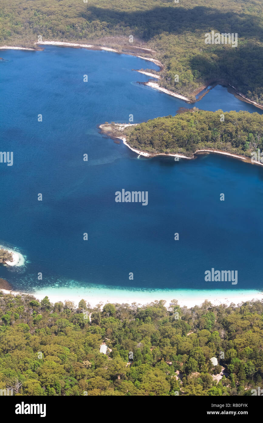 View of famous Lake McKenzie on Fraser Island from inside a plane / from above (Queensland, Australia) Stock Photo
