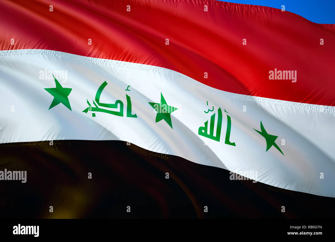 Iraq flag. 3D Waving flag design. The national symbol of Iraq, 3D rendering. National colors of Iraq 3D Waving sign background design. 3D ribbon, wall Stock Photo