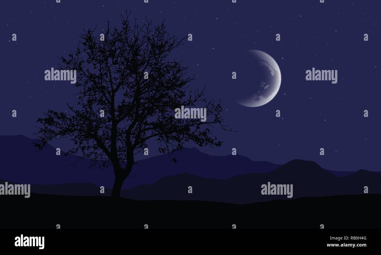 Realistic illustration of a night mountain landscape with a deciduous tree and a hill, under a purple sky with stars and a crescent moon - vector Stock Vector