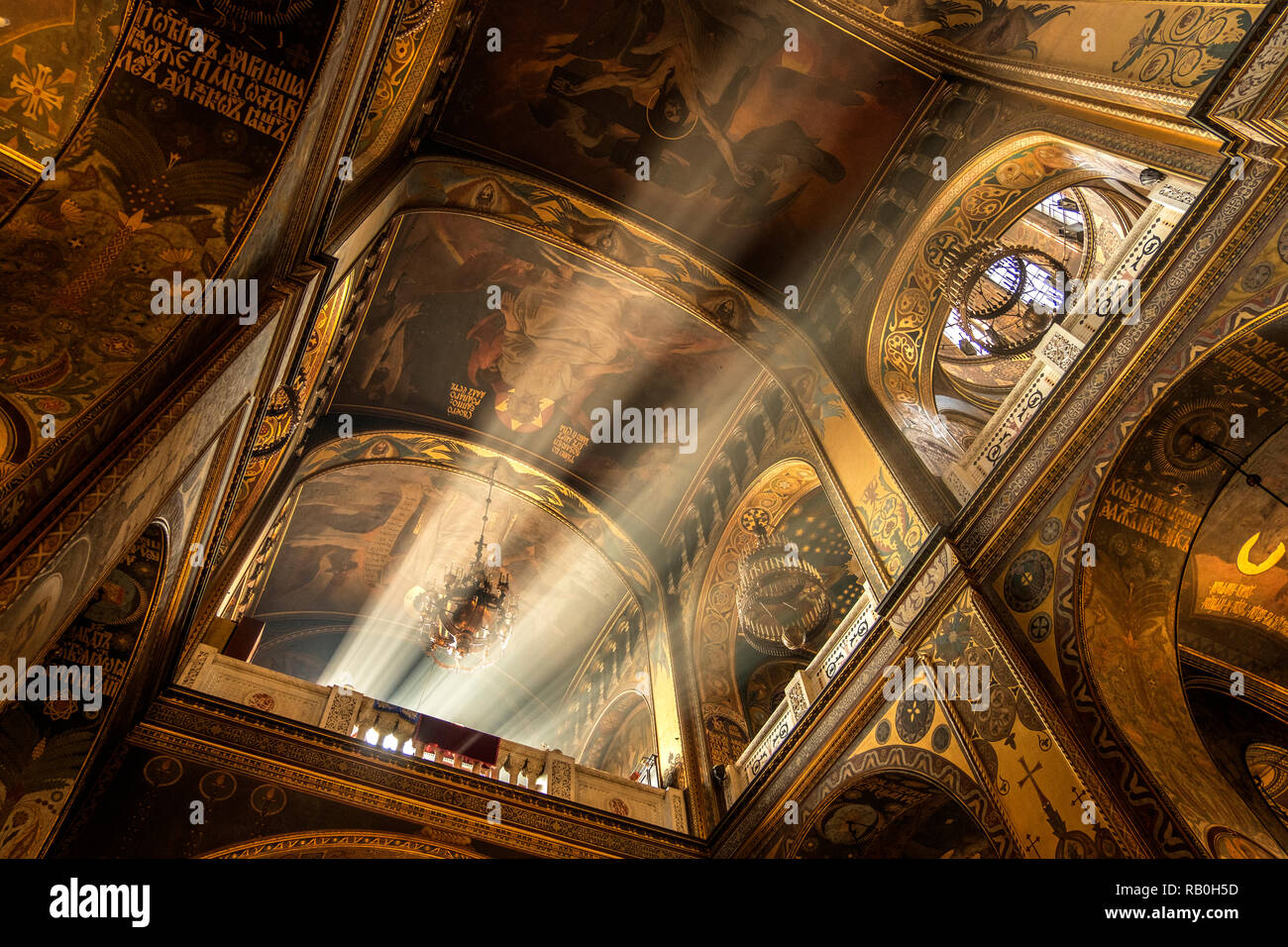 Rays of sunlight under the dome of the cathedral. St. Vladimir's Cathedral Interior, Kyiv, Ukraine Stock Photo