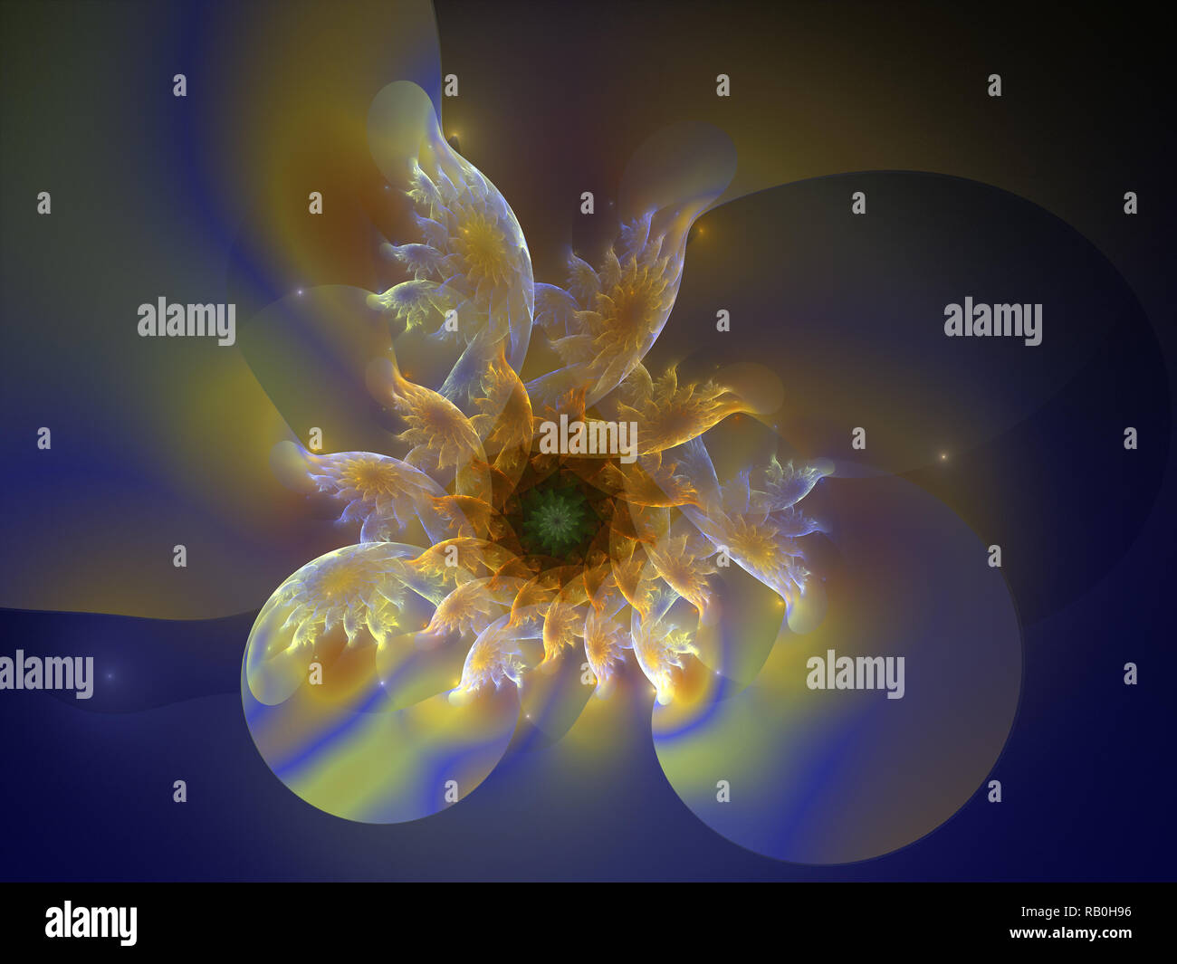Yellow, Blue, and White Sunflower Spiral Flame Fractal Stock Photo