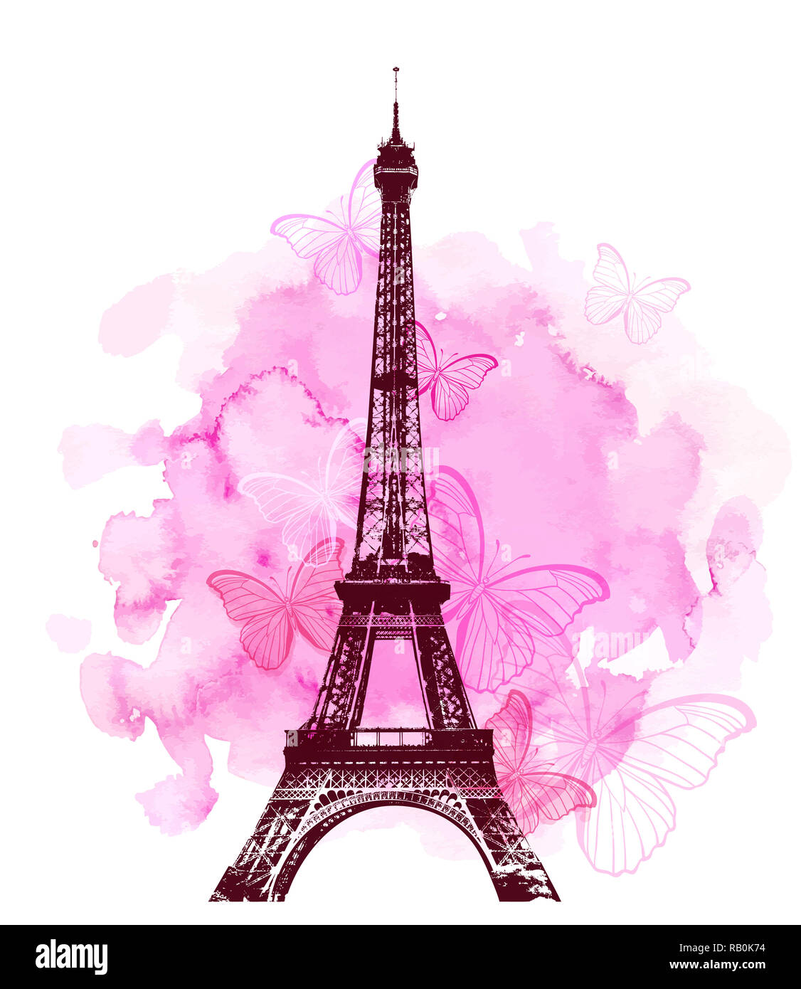 Pink watercolor romantic Valentine background with Eiffel Tower and  butterfly Stock Photo - Alamy