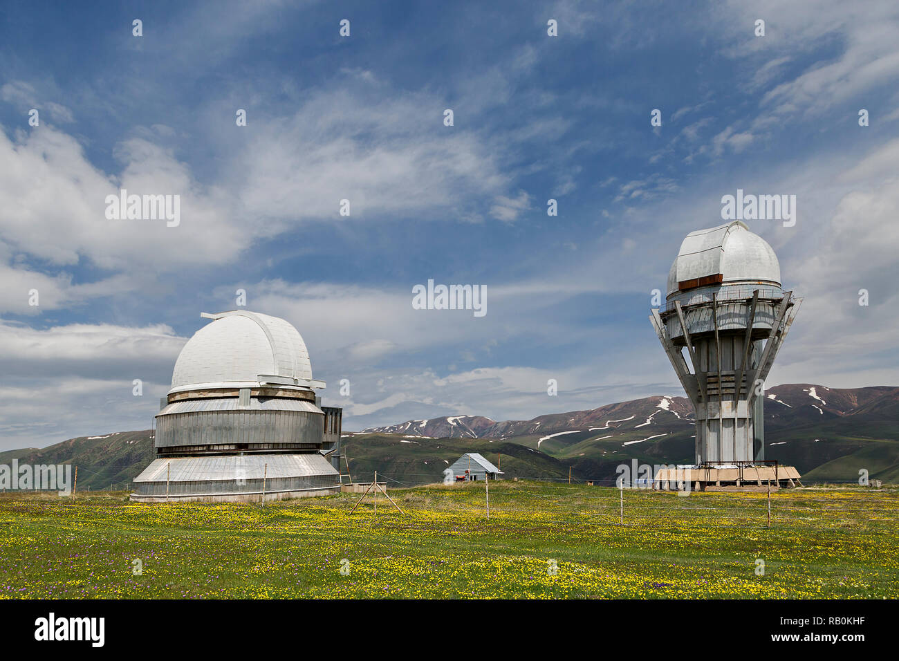 Ancient telescope and observatory from Soviet era in Assy Plateau, Kazakhstan. Stock Photo