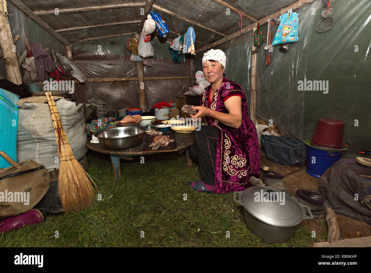 Nomadic woman preparing meals, in Assy Plateau, Kazakhstan. Stock Photo